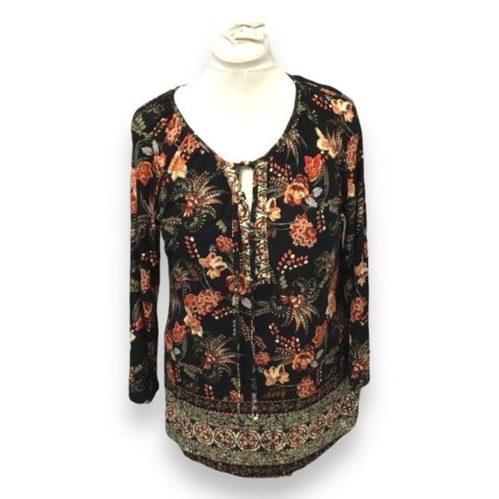 Alkamy Women’s Long Sleeve V Neck String Tie Peasant Top Boho Black Floral M NWT